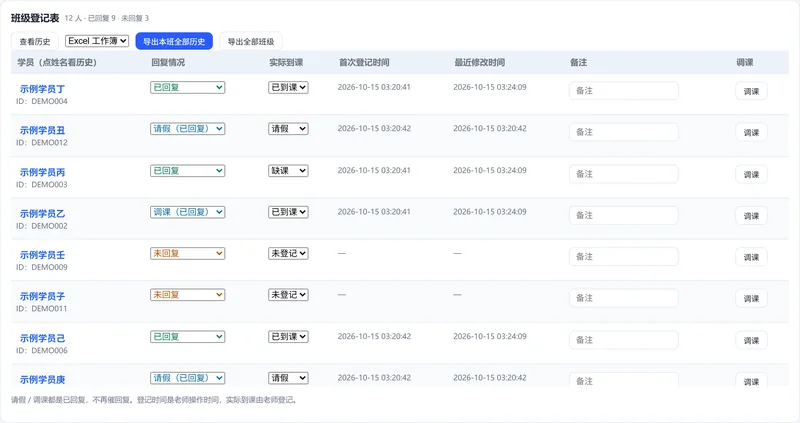 家长消息处理系统的班级登记表：回复情况、实际到课和登记时间分开记录