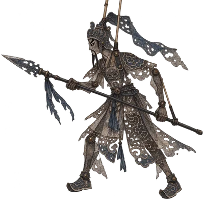 皮影兵：镂空皮影做成的持枪武将，关节处有操纵杆